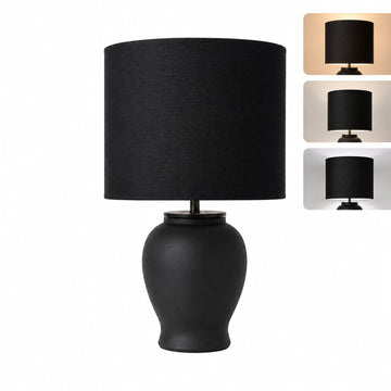 Black Ceramic Table Lamp with Black Shade, Wabi Sabi Bedside Lamp