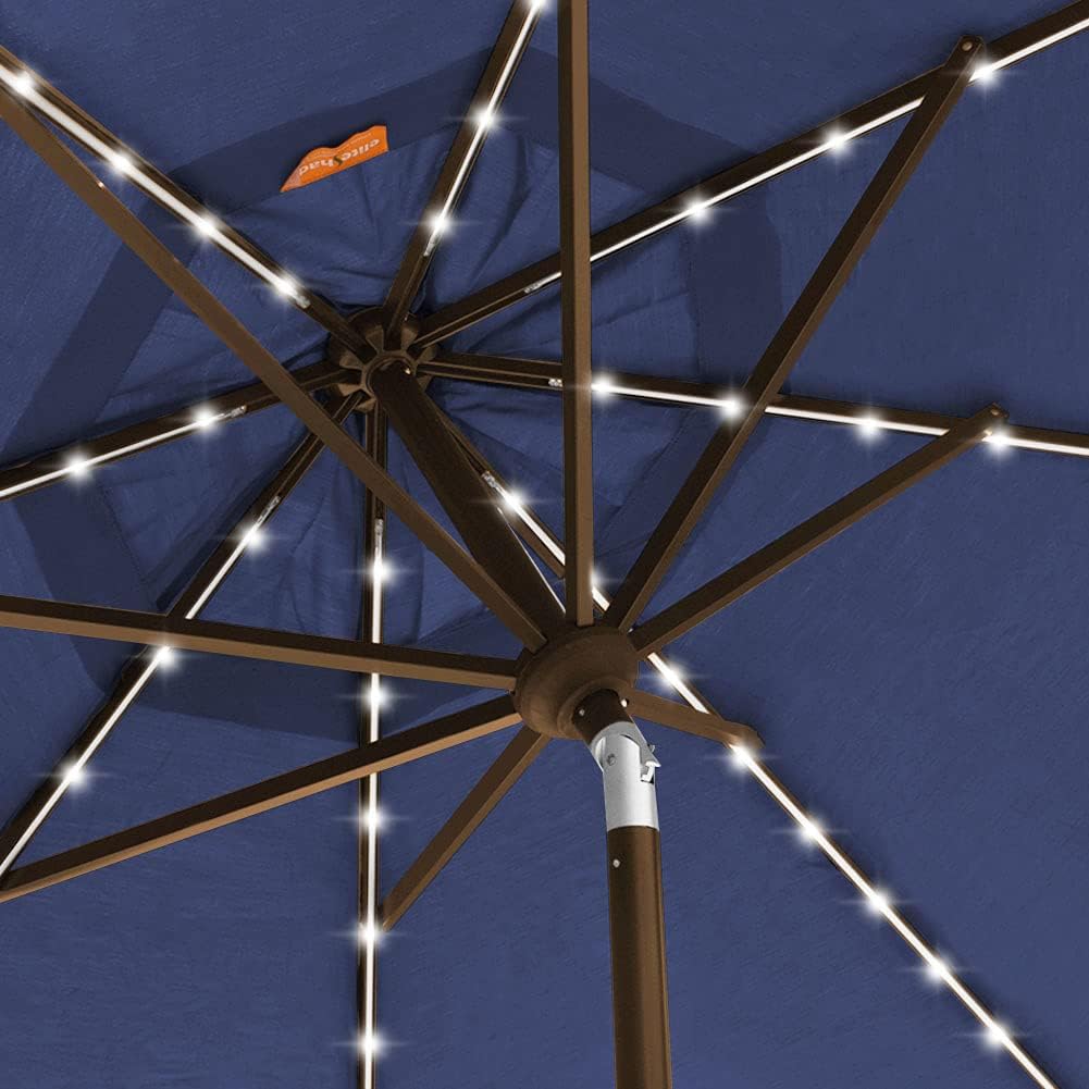 USA 10-Year-Non-Fading 9ft 3-Tier Market Patio Umbrella, Commercial Table Umbrella with 80 Solar LED Lights - Navy Blue