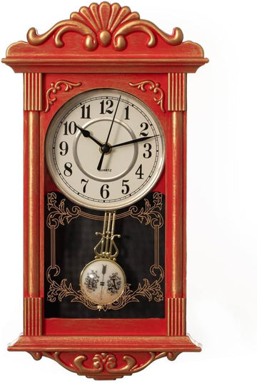Vintage Grandfather-Style Wall Clock with Wood-Effect Plastic Pendulum, Battery-Operated - for Home Decor, Living Room, Home Office, Kitchen or Dining Room – Red with Distressed Finish