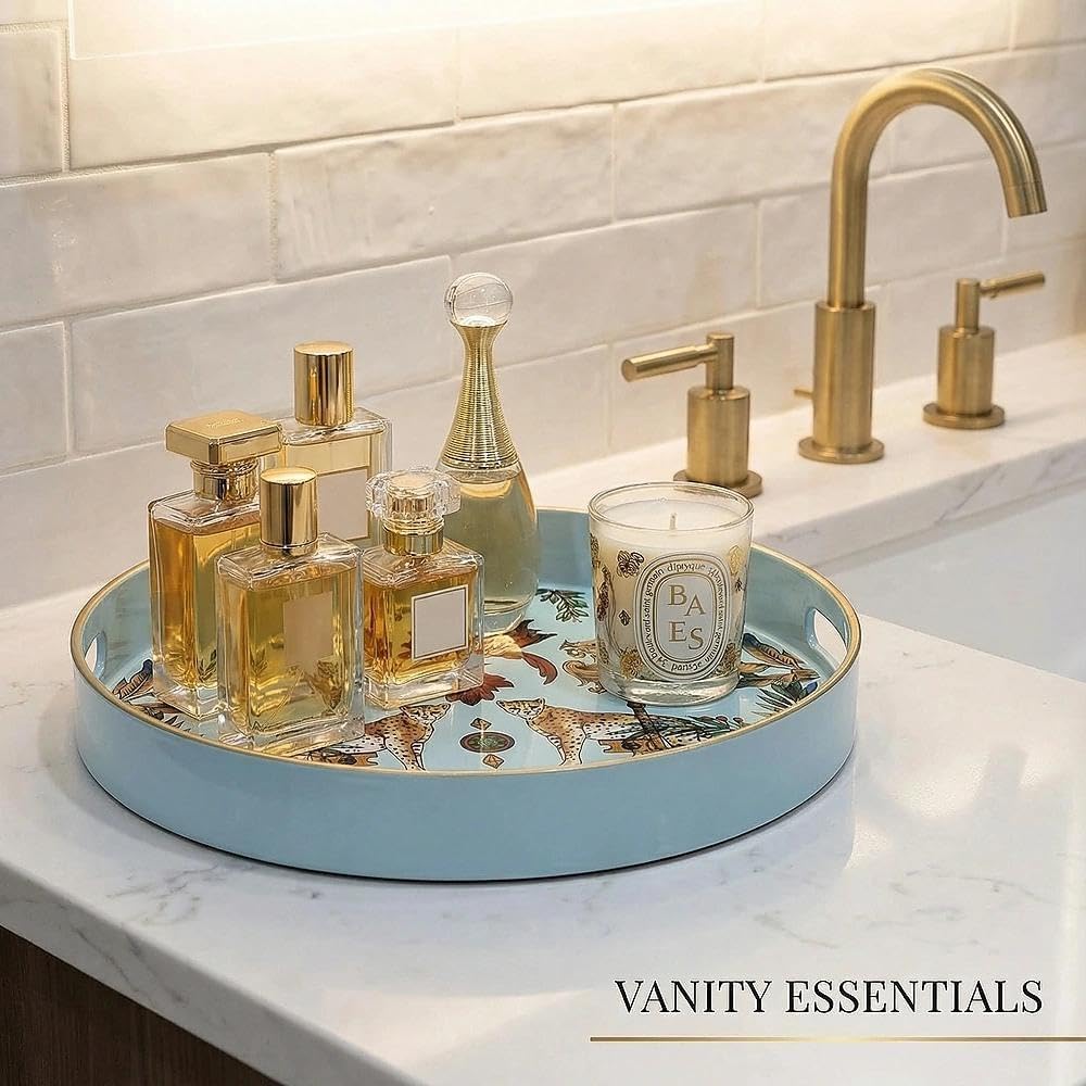 Round Decorative Tray, Marbling Plastic with Handles, Modern Vanity and Serving for Ottoman, Coffee Table, Kitchen