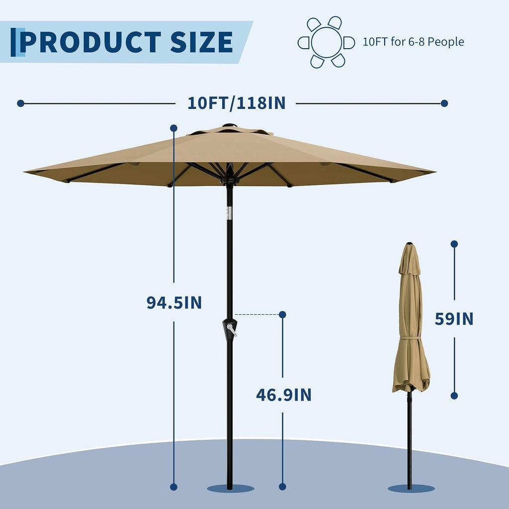 10FT Patio Umbrella - Outdoor Table Umbrella with Smooth Crank Lift, Push Button Tilt and 8 Sturdy Ribs