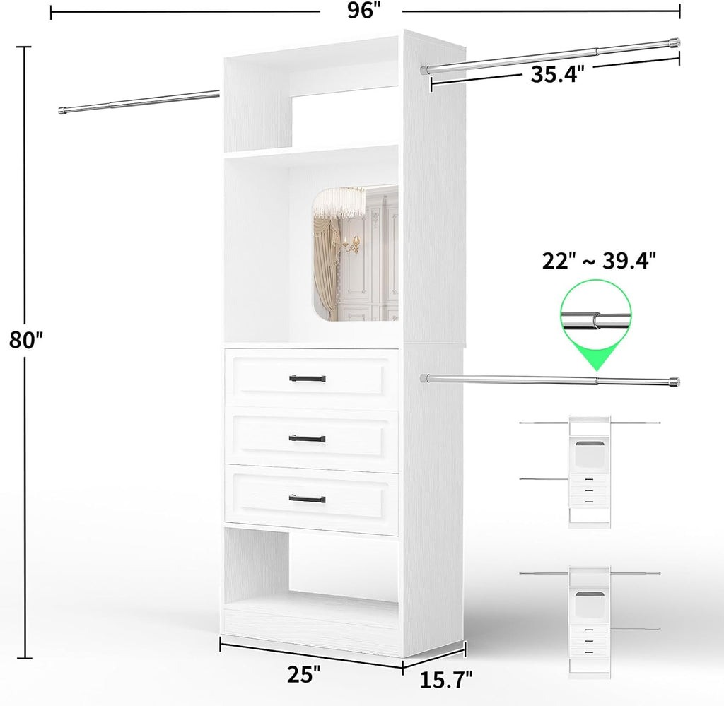 48" W - 96" W Closet System with Mirror, 8FT Walk in Closet Organizer Kits with Drawers and 3 Extendable Hanging Rod
