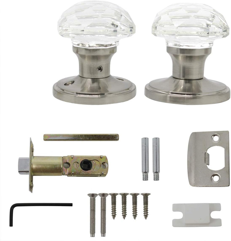 Passage Door Knobs Satin Nickel,Clear Glass Door Knob Interior,Keyless Crystal Doorknob with Lock(Hall/Closet)