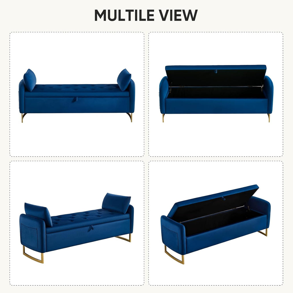 65" Storage Bench , Velvet End of Bed Bench, King Size Bed Benches for Foot with Tufted Button and Gold Legs