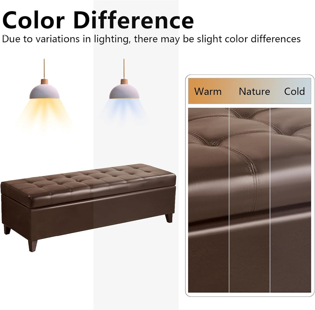 51 Inch Storage Bench,Leather Tufted Storage Ottoman with Legs | Safety Hinges,Wooden Legs,Upholstered,End of