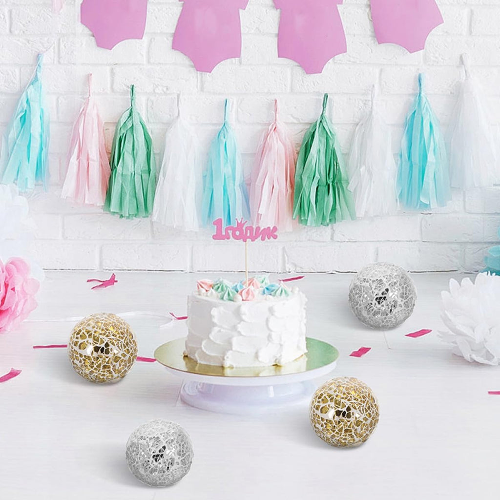 4pcs Crackle Glass Sphere Decorative Balls Set, 8cm Mosaic Glass Orbs Décor, Table Centerpiece and Vase Fillers