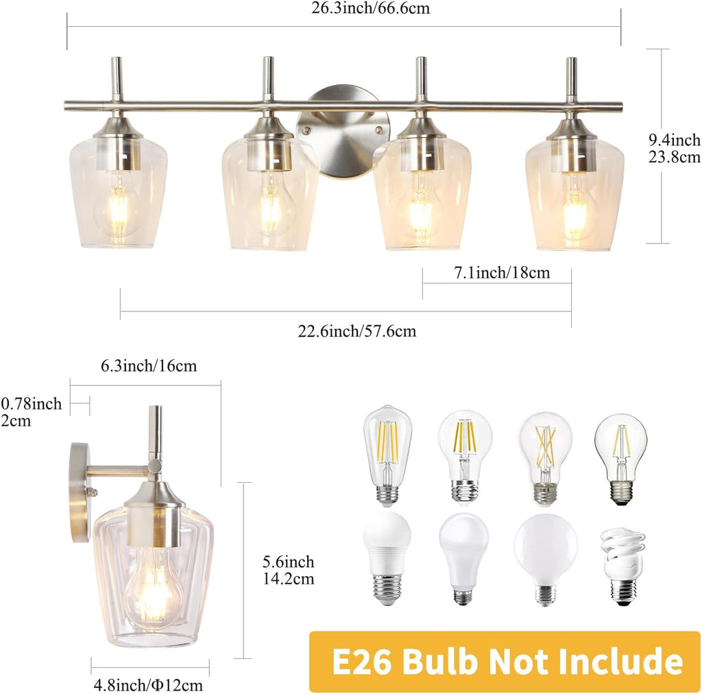 Bathroom Light Fixtures 4-Light Brushed Nickel Vanity Light | Win Glass Clear Shade, Modern Wall Lights Bedroom