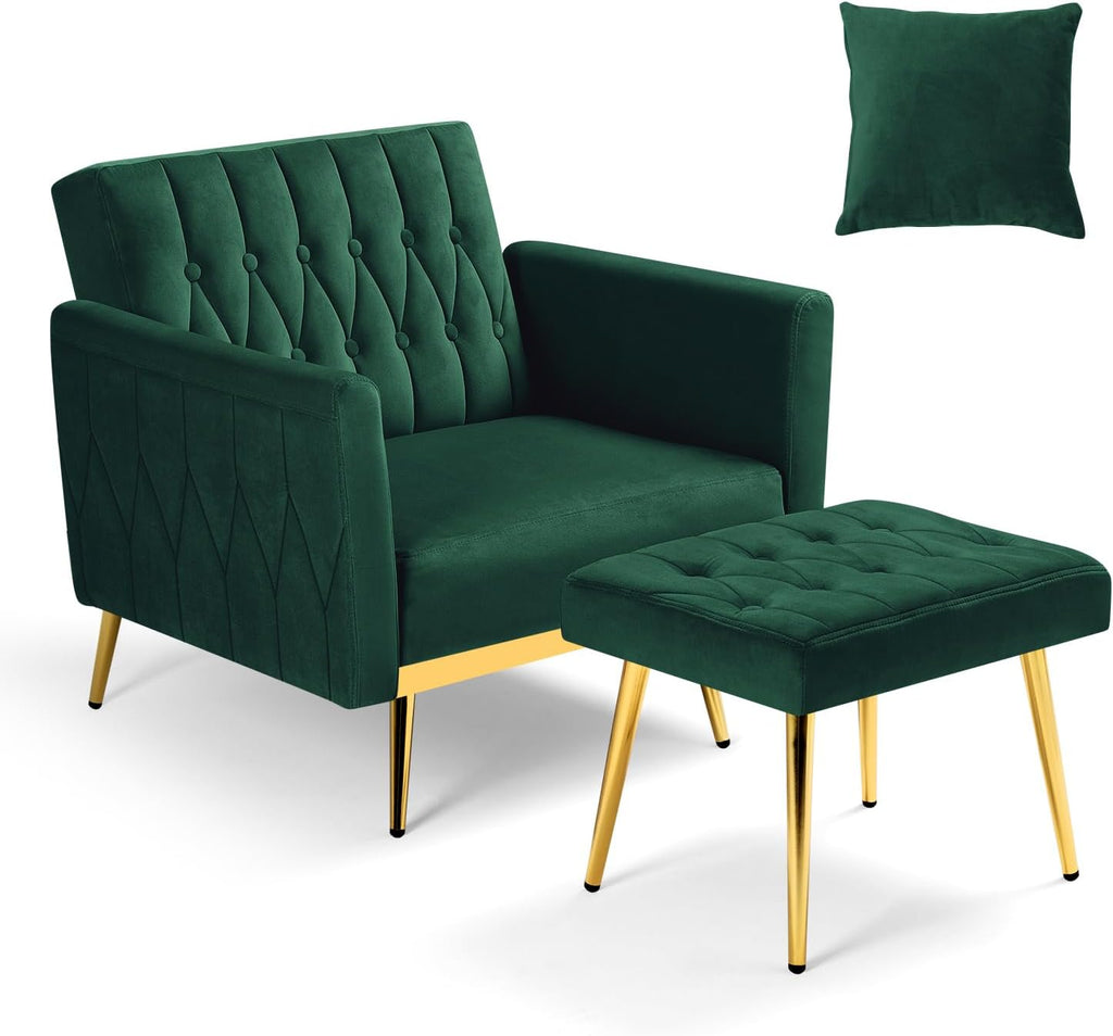 Velvet Accent Chair with Adjustable Armrests and Backrest, Button Tufted Lounge Chair, Single Recliner Armchair with