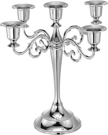 Candelabra Candle Holders, 5 Arm Metal Candlestick Stand for Taper Candles, 10.5 inch Tall Candle StandDecor, Silver