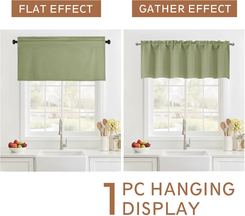 Sage Green Valance for Windows, Small Blackout Kitchen Valance Curtain, Dual Rod Pocket Thermal Insulated Short