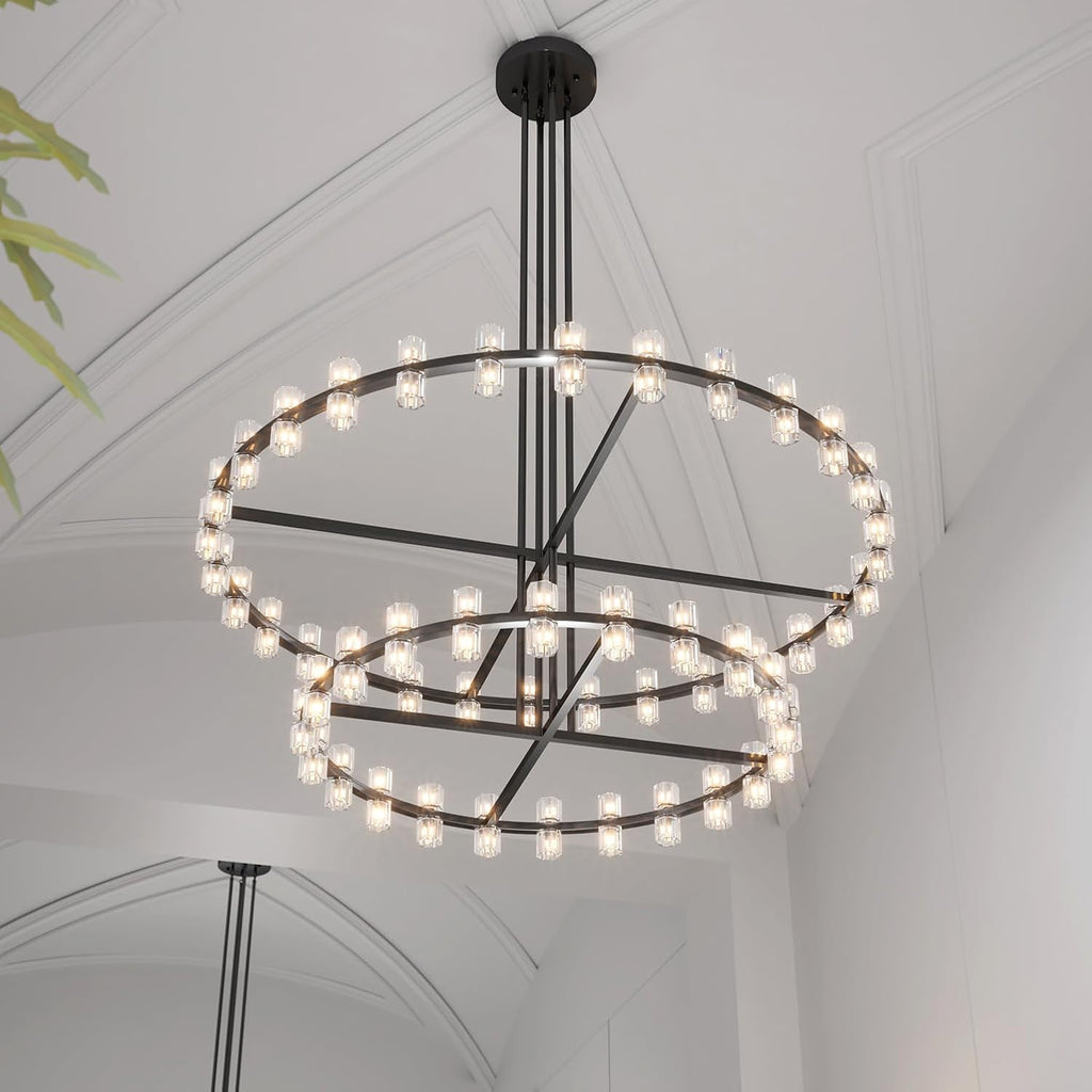 Inspired Arcachon Style 2-Tier Round Wagon Wheel Chandelier, 48" + 59" 108-Light Black — Foyer, Great Room & Dining