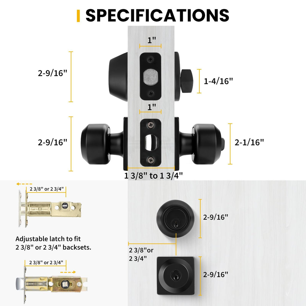 Matte Black Exterior Door Knob and Deadbolt Set, Keyed-Different Entry Locksets with Lock and Key 1 Pack Set