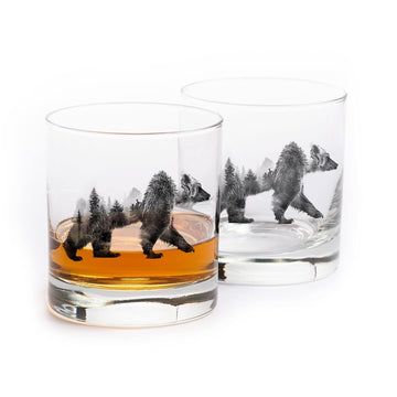 Nature Whiskey Glasses Set of 2 - 11oz Heavy Base Old Fashioned Rocks Glasses - Double Exposure Bear