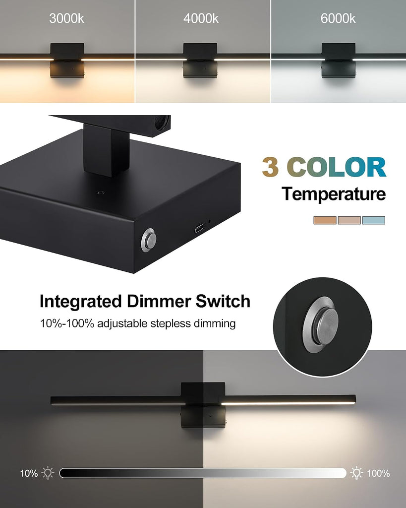 8000mAh Battery Operated Wall Sconce with Remote Control, 3000K-6000K Dimmable Black Wireless Rechargeable Wall