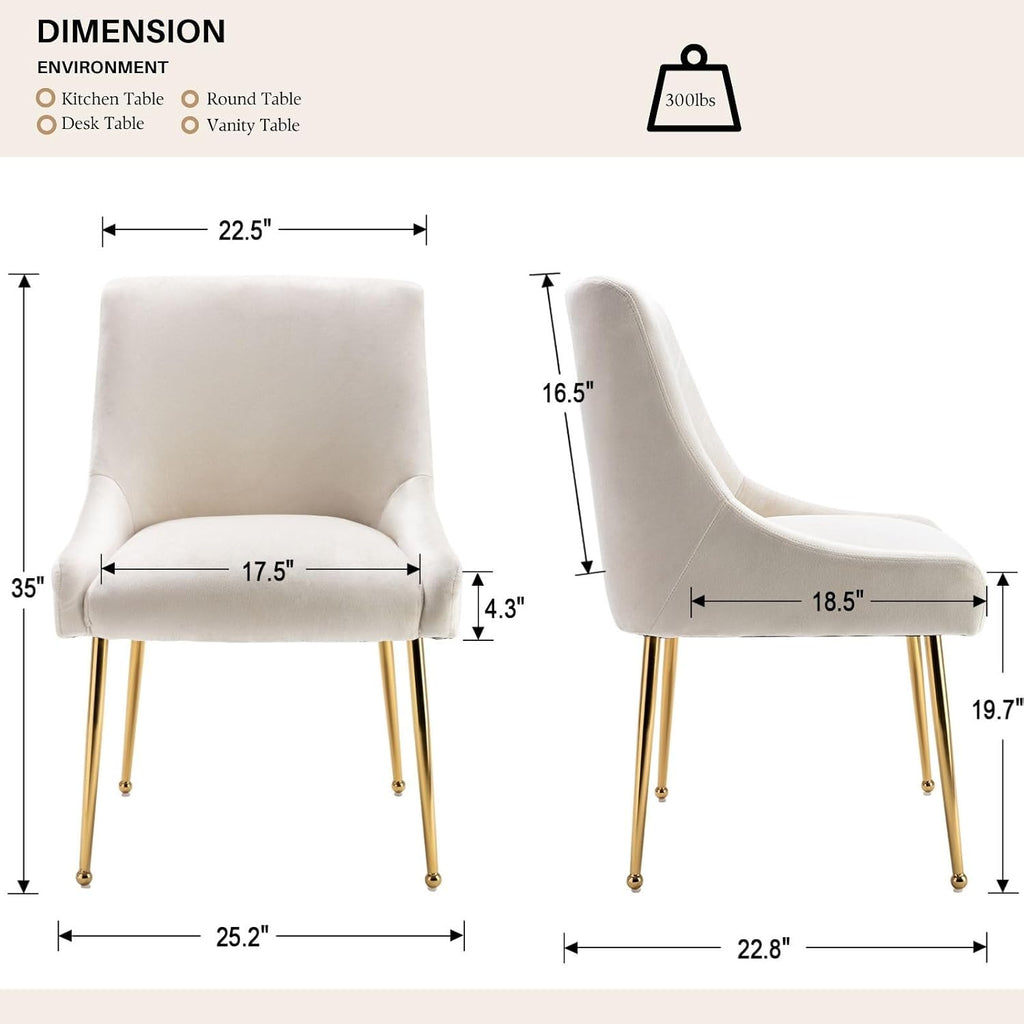 Cream Velvet Dining Chairs Gold Legs, Armless Upholstered Dining Room Chair | Set of 2 Padded Accent Chair with Wing