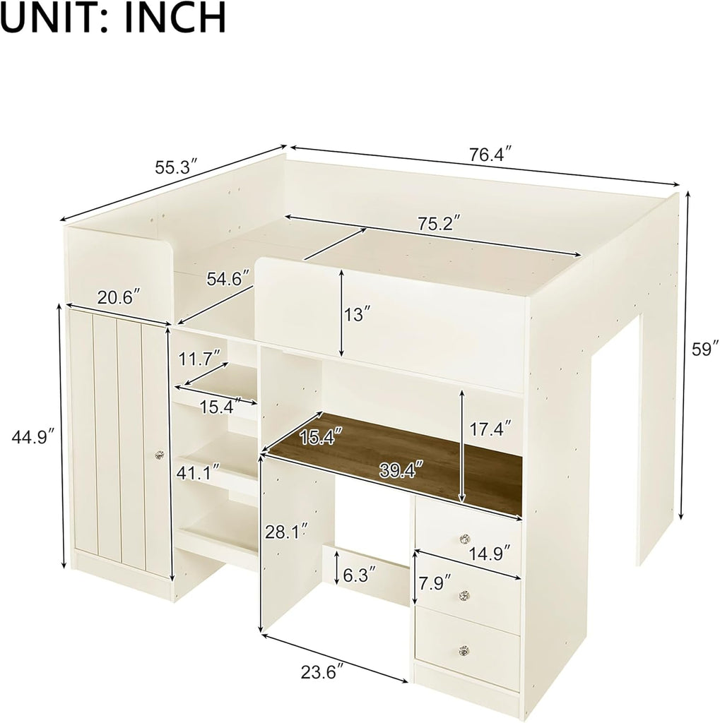 Full Loft Bed with Desk, Wood Full Loft Bed Frame with Built-in Wardrobe, Storage Shelves and Drawers, Beige