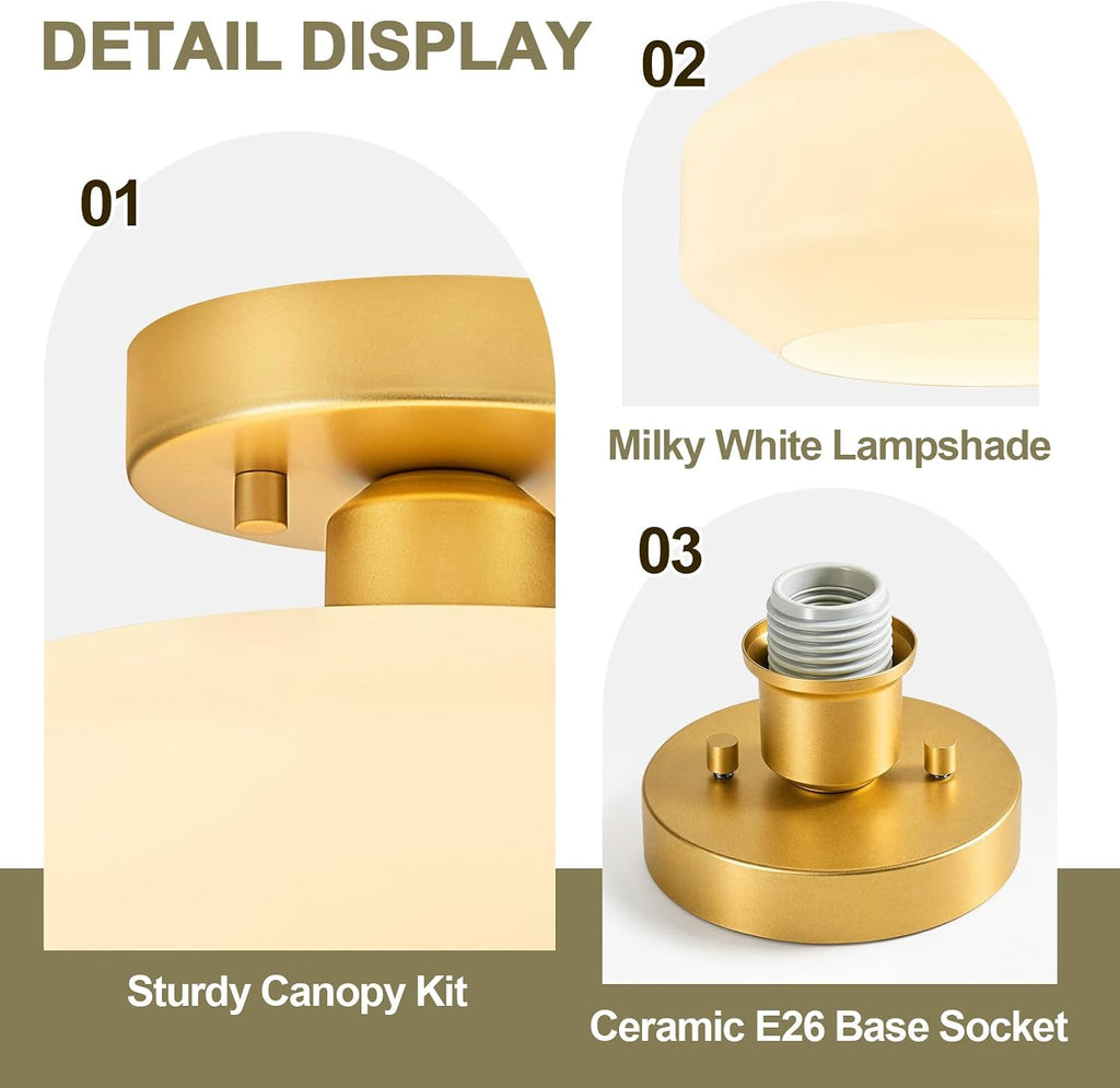Mid-Century Modern Ceiling Light, Gold, 11.02 in, E26 | Milky White Glass Shade Light Fixture, Ceramic Socket