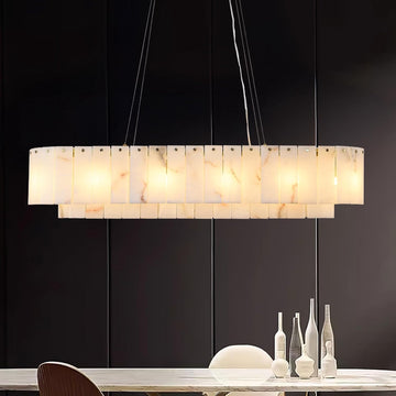 L40in Alabaster Rectangular Chandelier for Dining Room, Modern White Marble Oval Chandeliers for Kitchen Island, Rectangle Chandelier for Dining Table (Dimmable Bulbs INCL)
