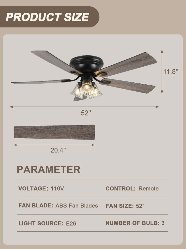 52 Inch Flush Mount Farmhouse Ceiling Fans with Lights and Remote Control