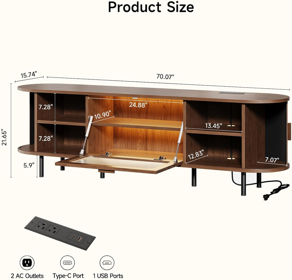 70" TV Stand with Led Lights & Power Outlet for Tvs 80", Entertainment Center with Sliding Door & Thicken Glass Door