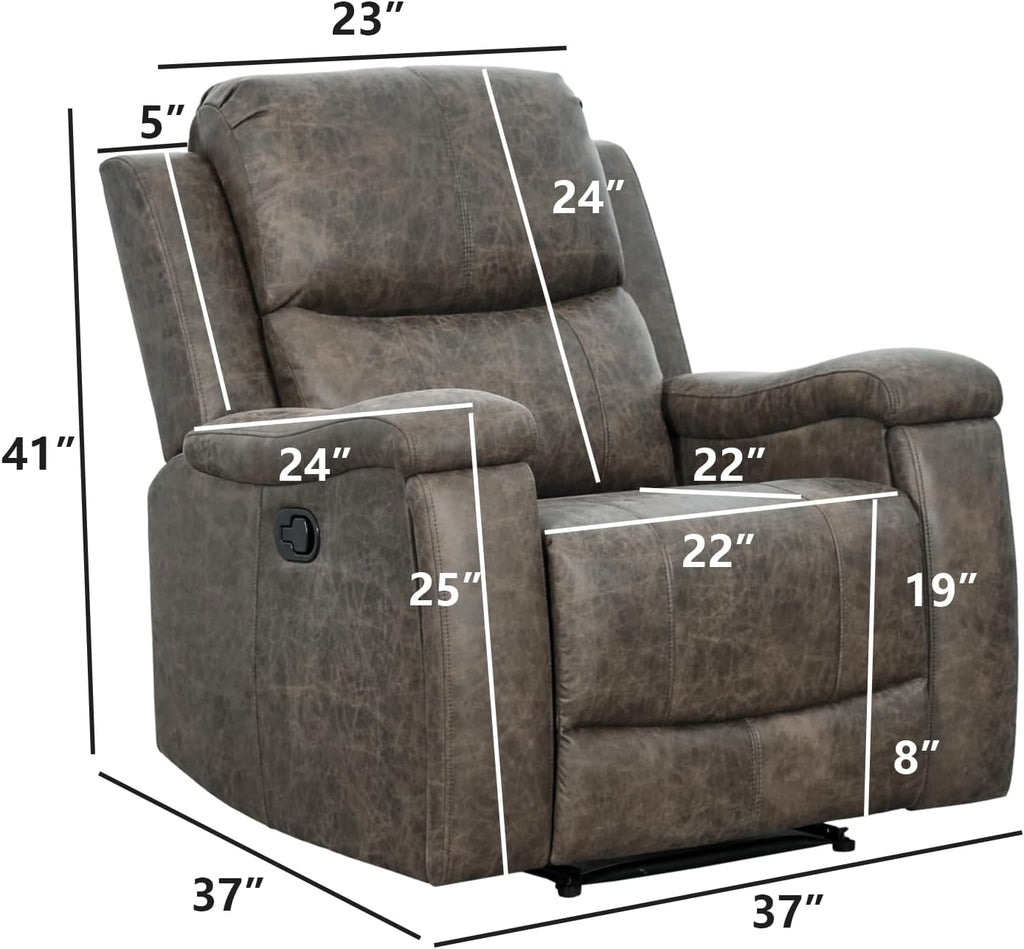 Grey Recliner Chair, Single Overstuffed Sofa Recliners, Breathable Faux Leather Manual Reclining Chairs with Hidden