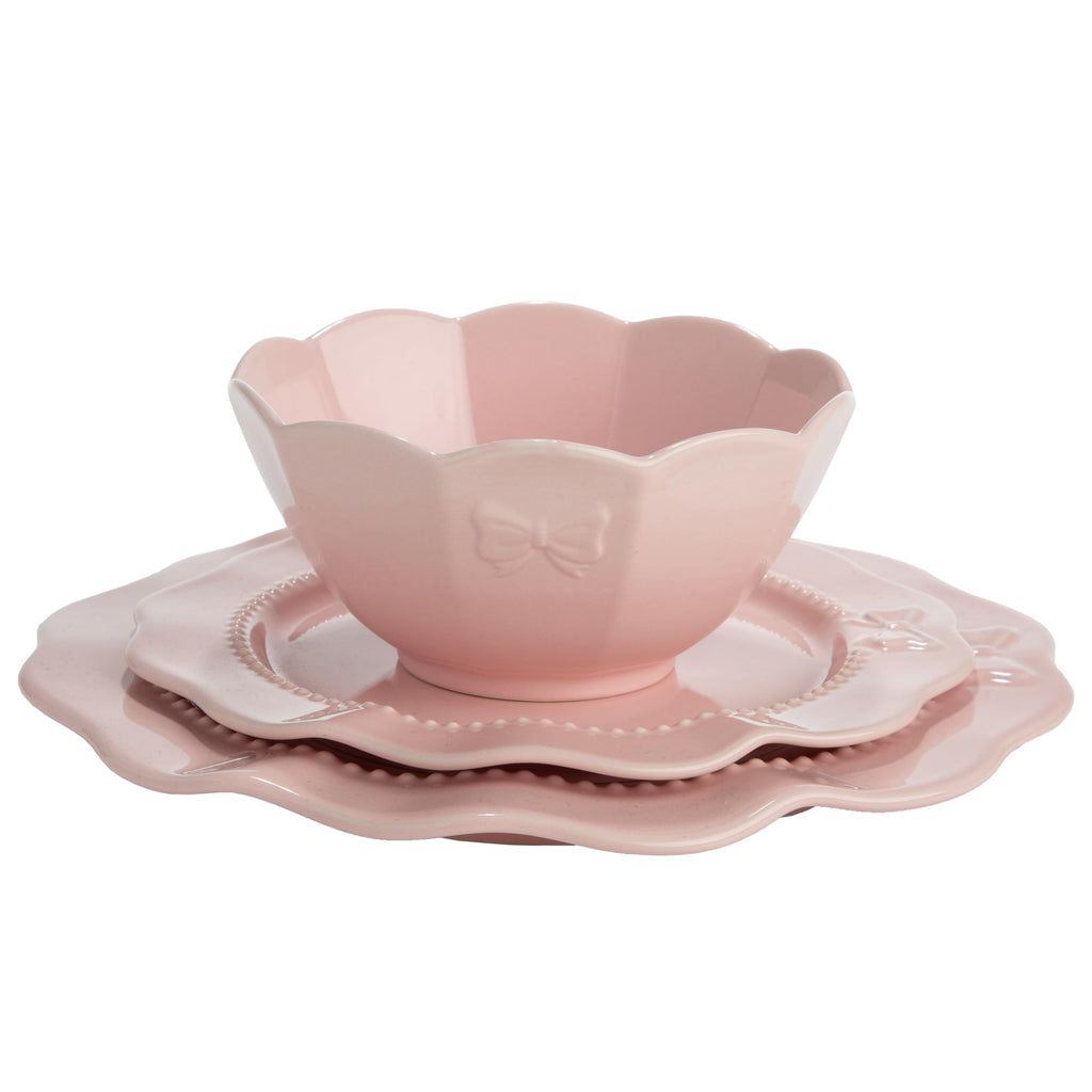 12-Piece Dinnerware Set, Embossed Bow Design, Iconic Ceramic Stoneware Service for 4 with Dinner Plates, Salad