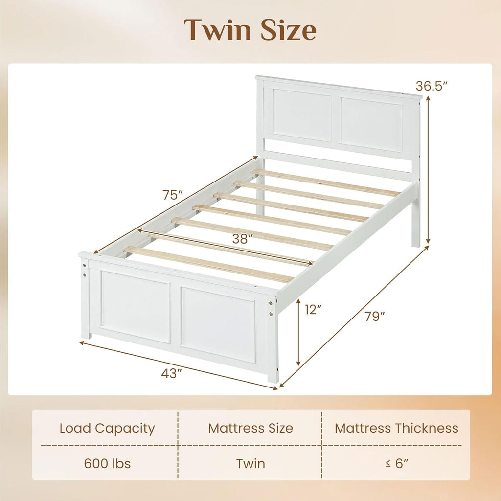 Wood Twin Bed Frames with Headboard, Farmhouse Solid Platform Bed w/Wooden Slat Support Mattress Foundation