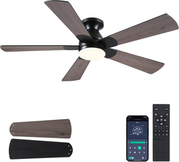 Flush Mount Ceiling Fan with Lights - 52” Indoor/Outdoor Ceiling Fan Light with Remote/APP, Low Profile Modern Fan Light with 6 Speeds, Dimming, for Living Room, Brown