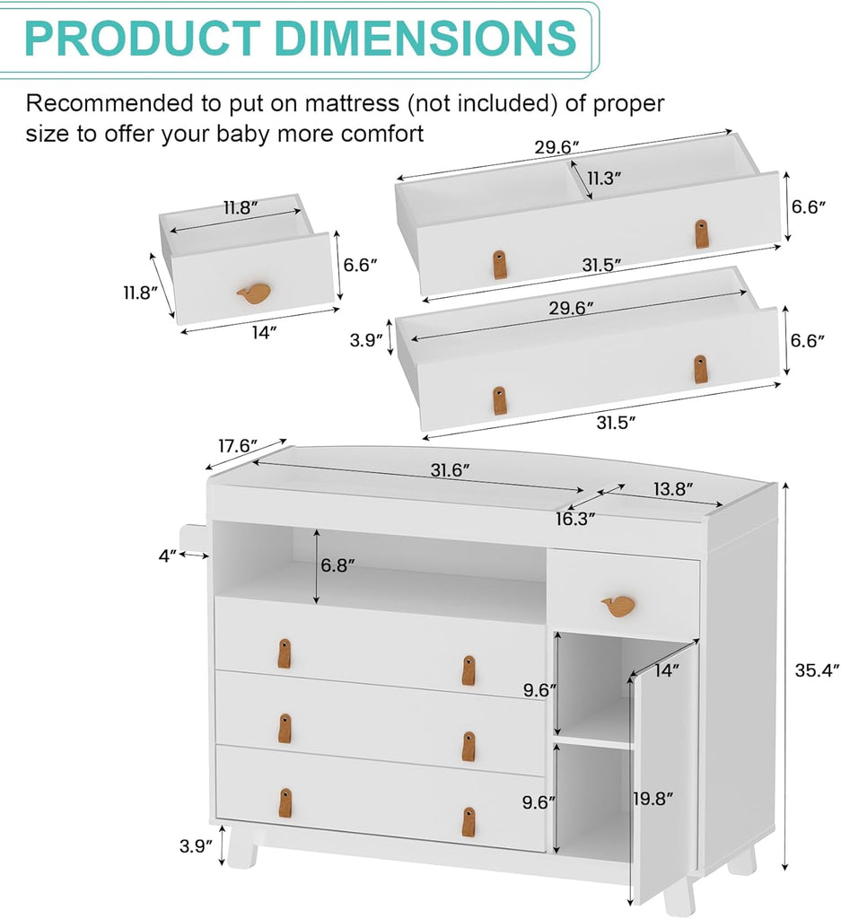 Baby Dresser with Changing Table Top, Baby Changing Table Dresser with 4 Drawers and Adjustable Shelves