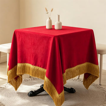 Velvet Square Tablecloth, Vibrant Red Velvet with Luxurious Gold Tassel Fringe, Heavy‐Thick Table Cover for