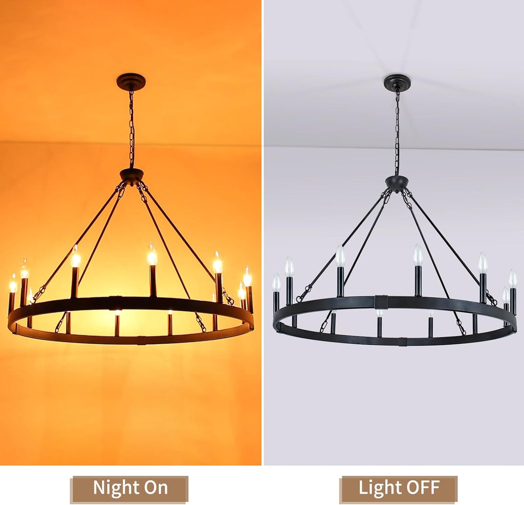 Black Wagon Wheel Chandelier 38 inch, 12-Light Black Round Industrial Farmhouse Chandeliers for High Ceilings Dining