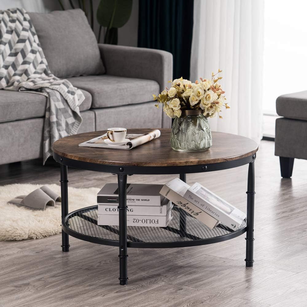 Round Coffee Table with Storage - 31.5" Rustic Farmhouse Design, Industrial Style with Metal Shelf