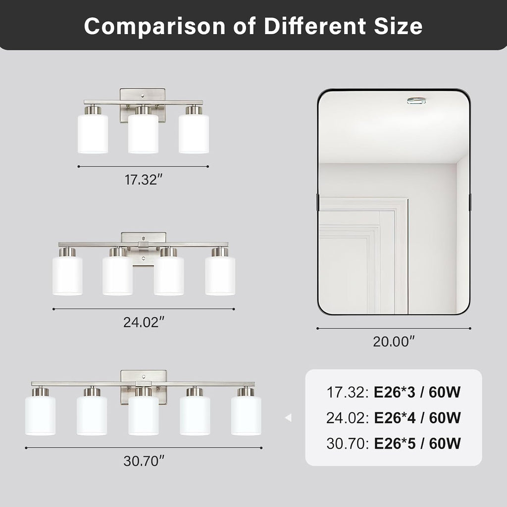 Brushed Nickel Bathroom Light Fixtures Vanity Lights Over Mirror | Modern 3-Light lighting fixtures with Milky White