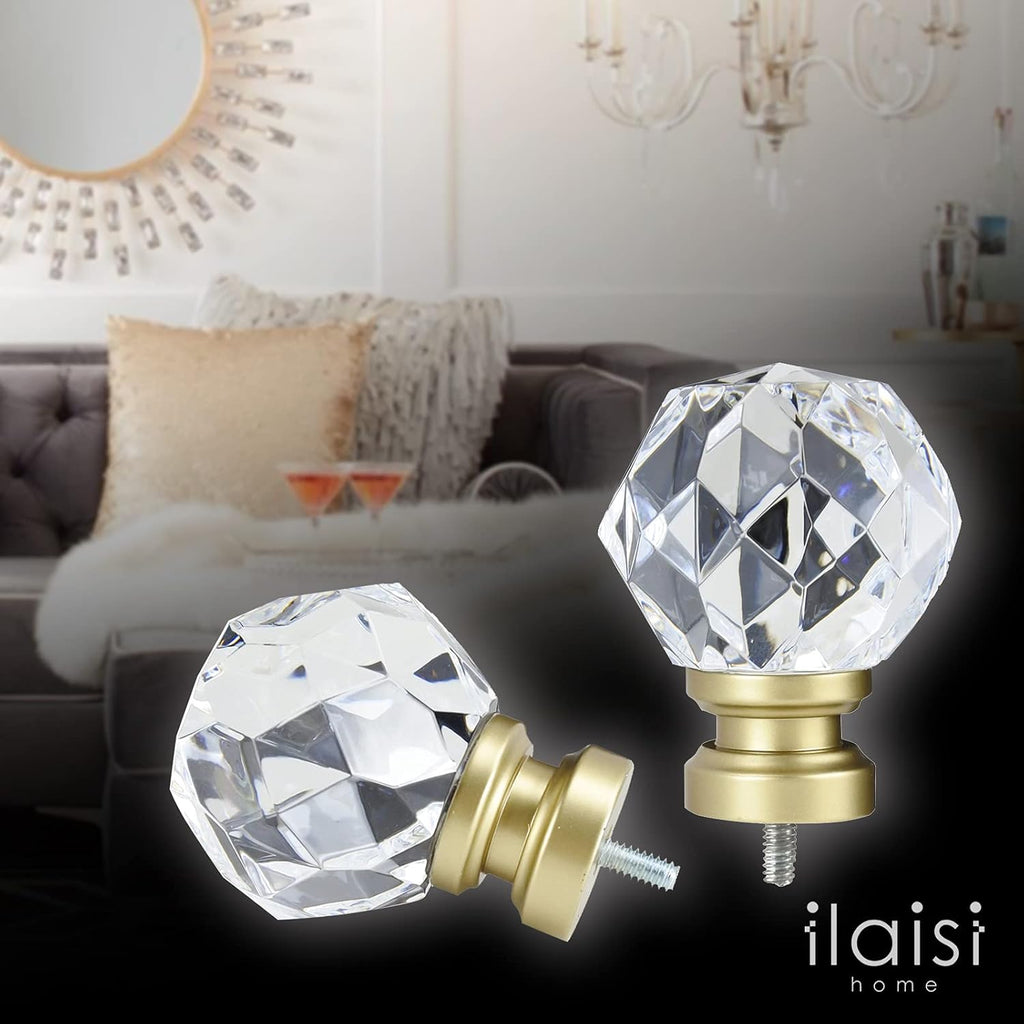 Decorative Curtain Rod Finials Luxury Crystal-clear Faceted, Round, Set of 2, Compatible with 1'' or 1-1/8'' dia