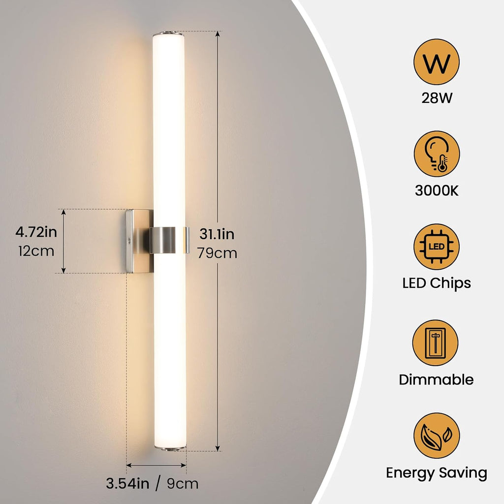 Bathroom Vanity Light Fixtures 31IN Brushed Nickel Bathroom Lights Over Mirror, 28W 3000K Dimmable LED Vanity Light