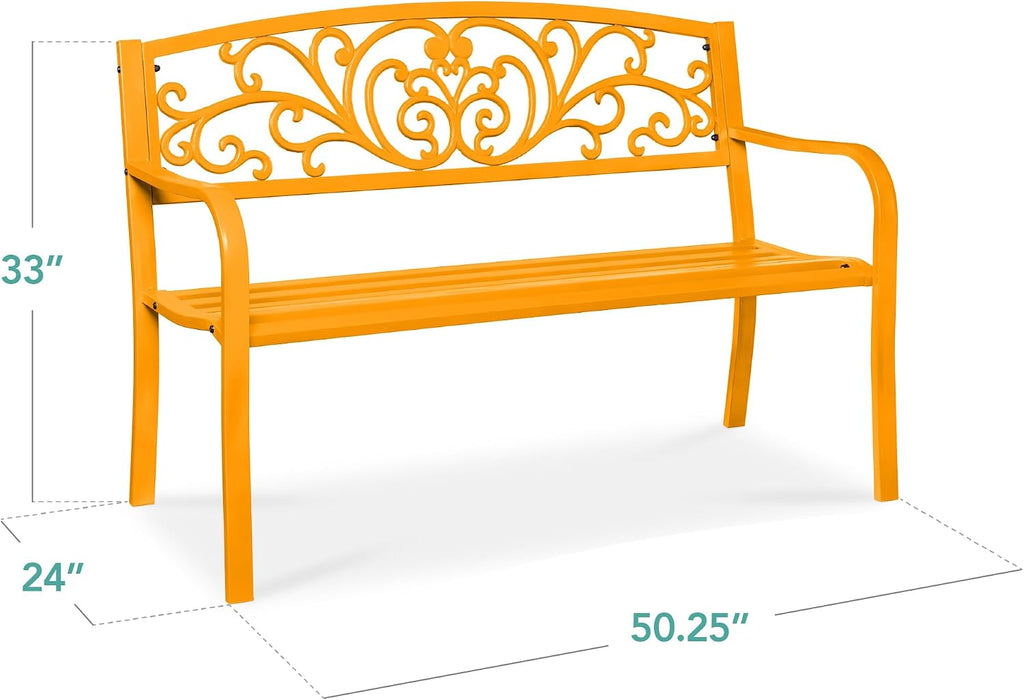 Outdoor Bench Steel Garden Patio Porch Furniture for Lawn, Park, Deck w/Floral Design Backrest, Slatted Seat
