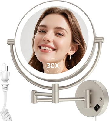 Plug in Wall Mounted Lighted Makeup Mirror 1X/30X Magnifying, AC Powered Double-Sided Magnification