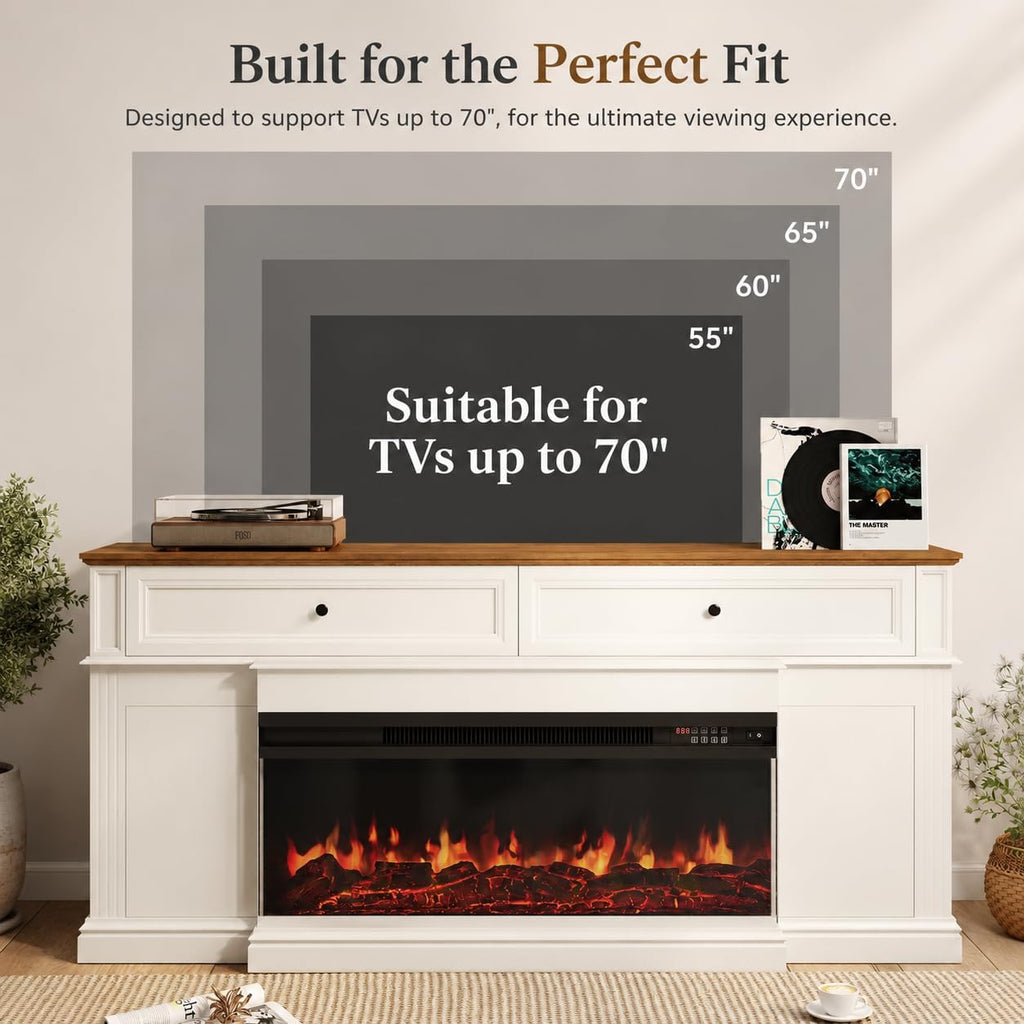 63 inch Fireplace TV Stand for TVs up to 70" with 3-Sided Electric Fireplace with Mantel, Modern Media Entertainment