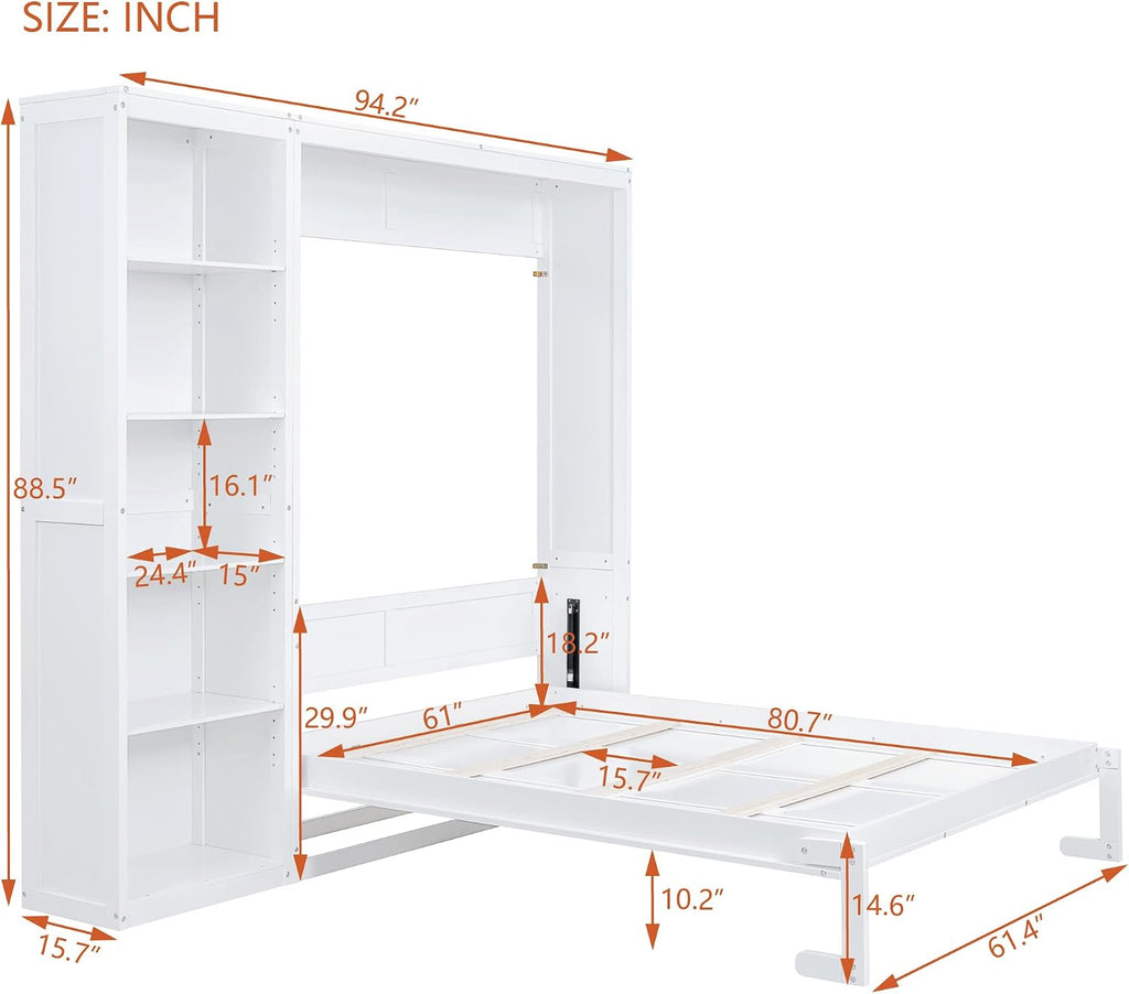 Space-Saving White Murphy Bed Queen with Adjustable Storage Shelves, Multifunctional Foldable Wall Bed for Small