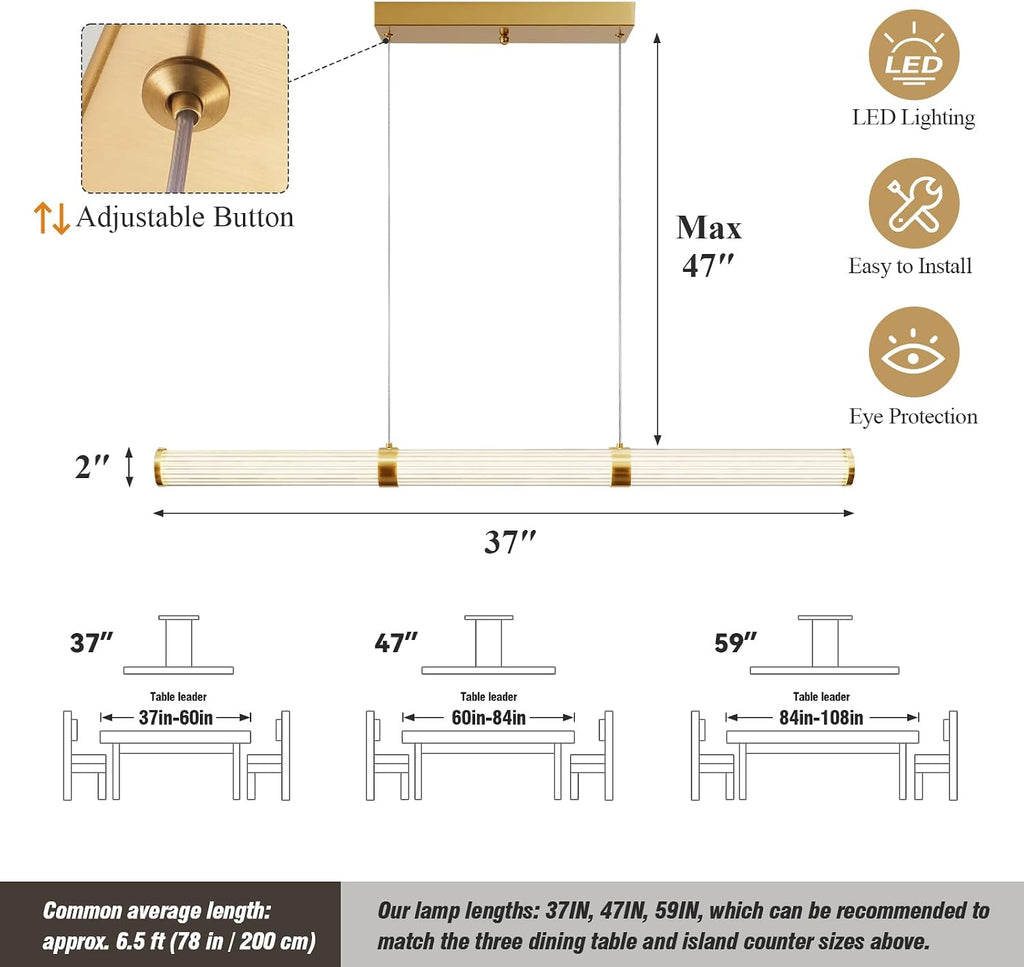 Modern Linear Chandelier Gold Linear Pendant Light Fixture, LED Dimmable Island Chandelier for Kitchen Island