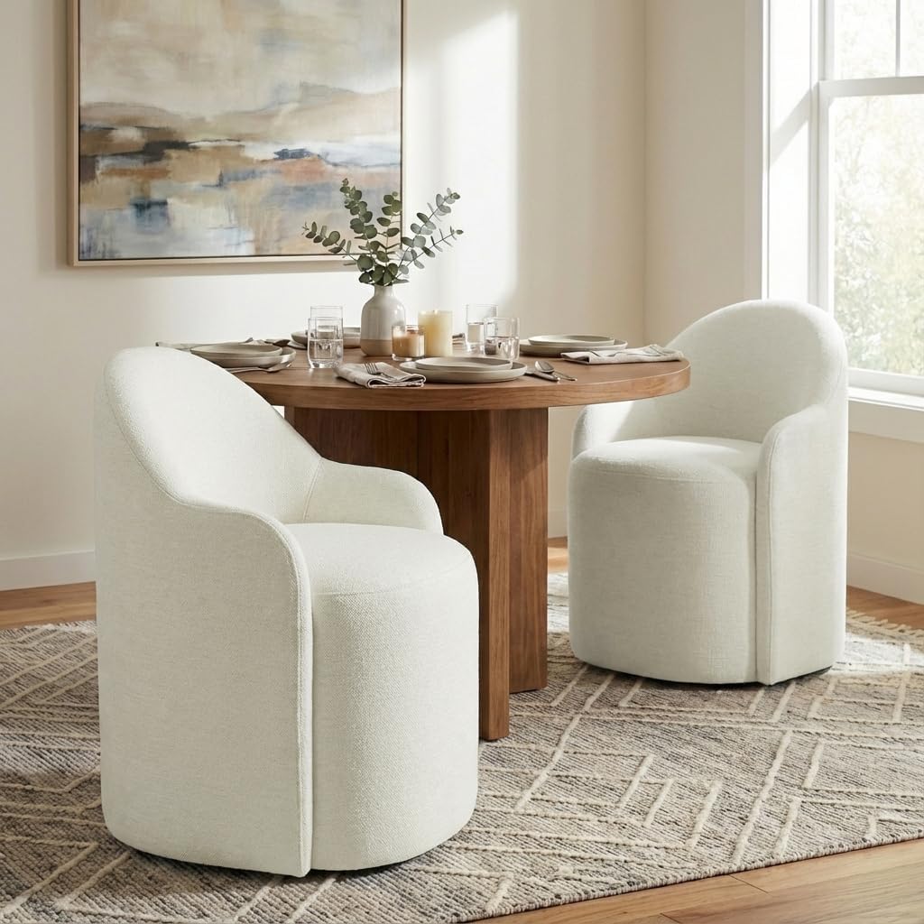 Upholstered Dining Chairs with Casters, No Assembly Modern Dining Room Chairs Accent Vanity Chair with 5 Wheels & Round Backrest for Bedroom, Living Room, Dressing, Linen Fabric, Set of 1