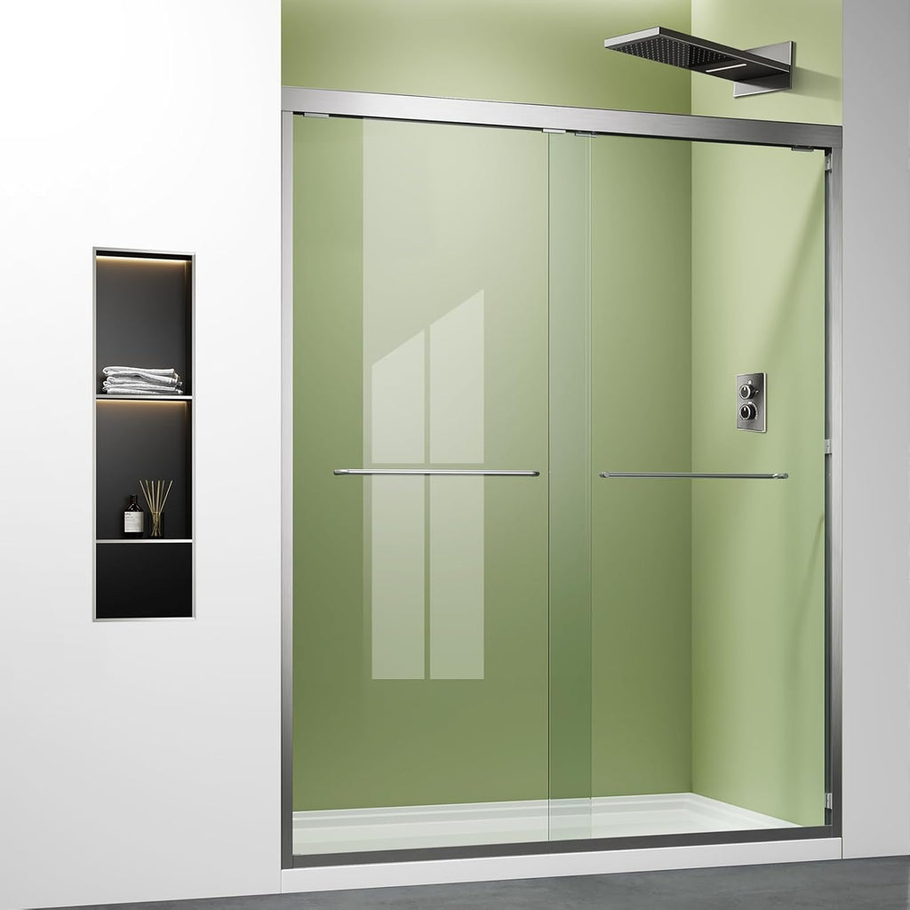Brushed Nickel Shower Glass Door, 56-60 x 72 inch Bathroom Sliding Door with 1/4'' Clear Tempered Glass