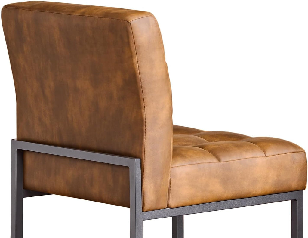 Faux Leather Dining Chairs Set of 2, Mid-Century Modern Armless Dining Room Chairs with Checkered Upholstery and Metal Legs, Coffee