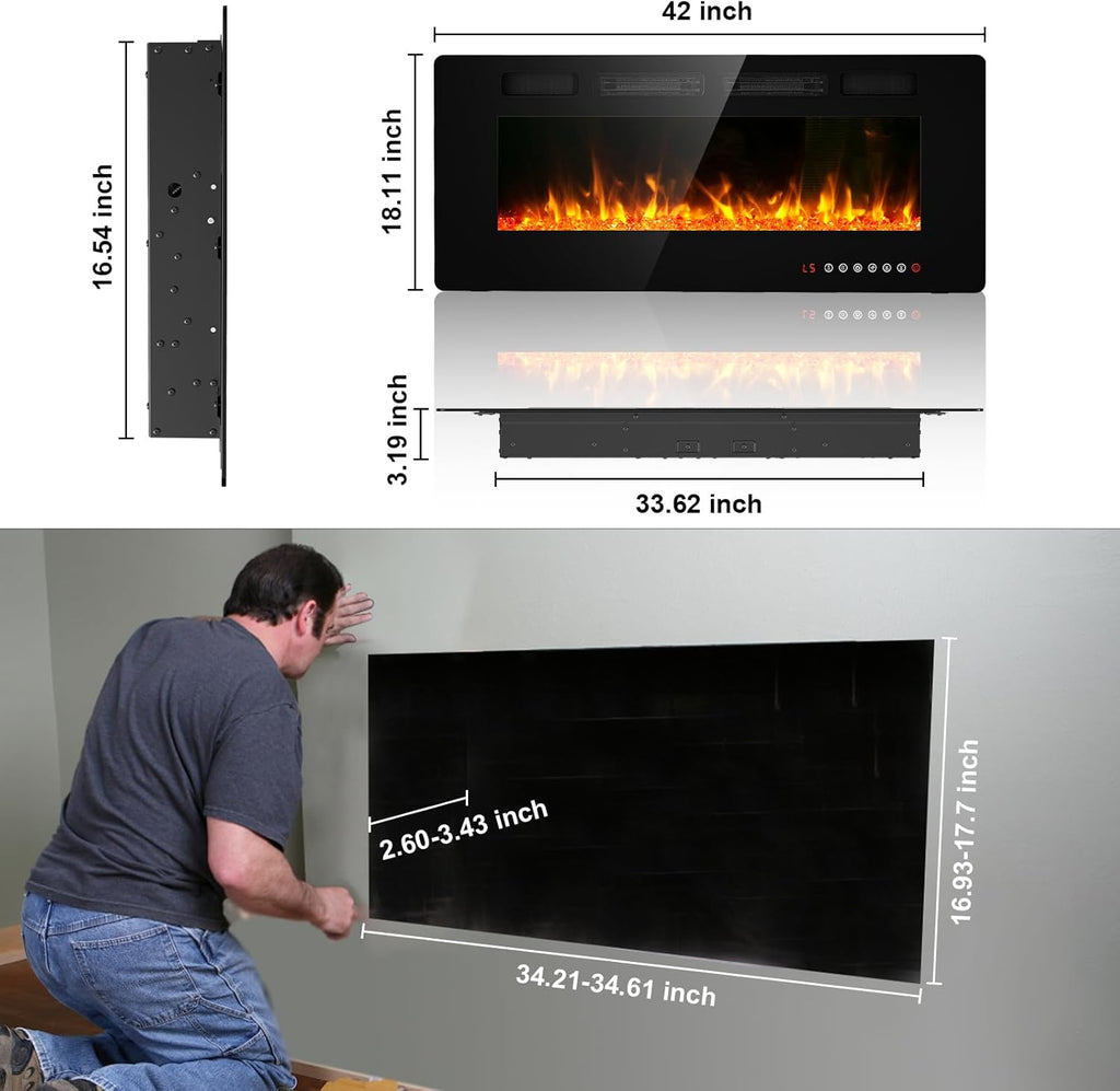 42" Ultra Thin Electric Fireplace Insert-ETL Certified, Recessed/Wall Mount, 3D Flame with Crystal