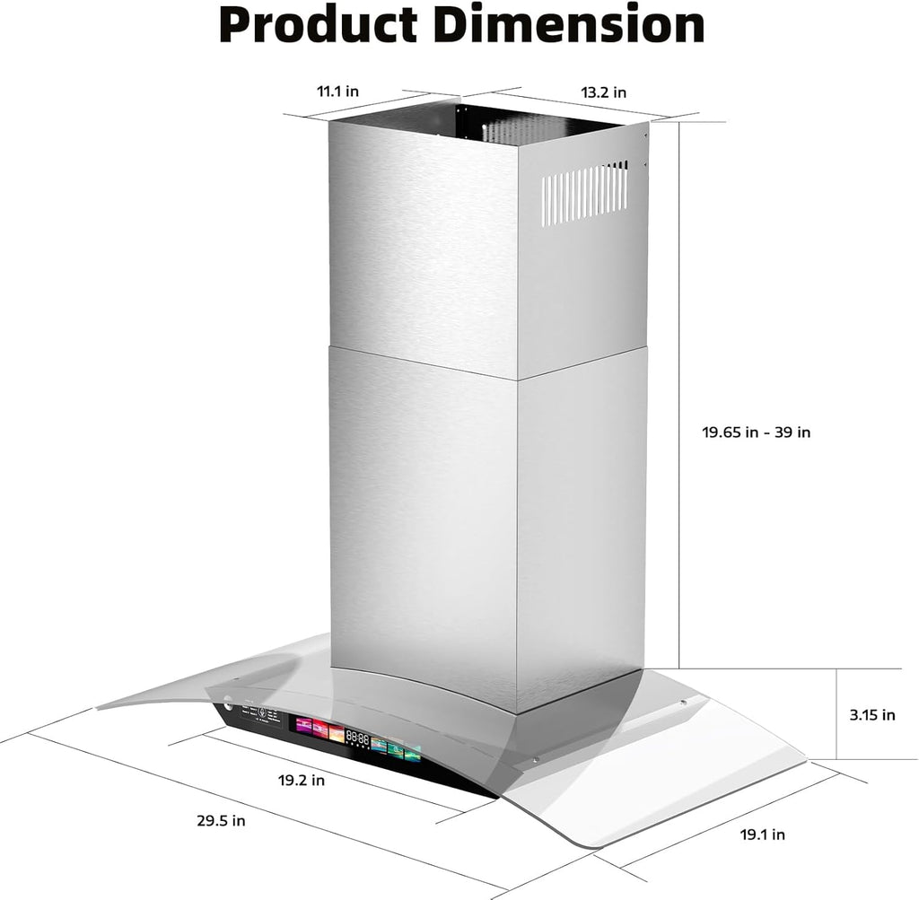 30 Inch Stainless Steel Wall Mount Range Hood 900 CFM 4 Speed Voice, Gesture & Touch Control Glass Canopy, Memory Function