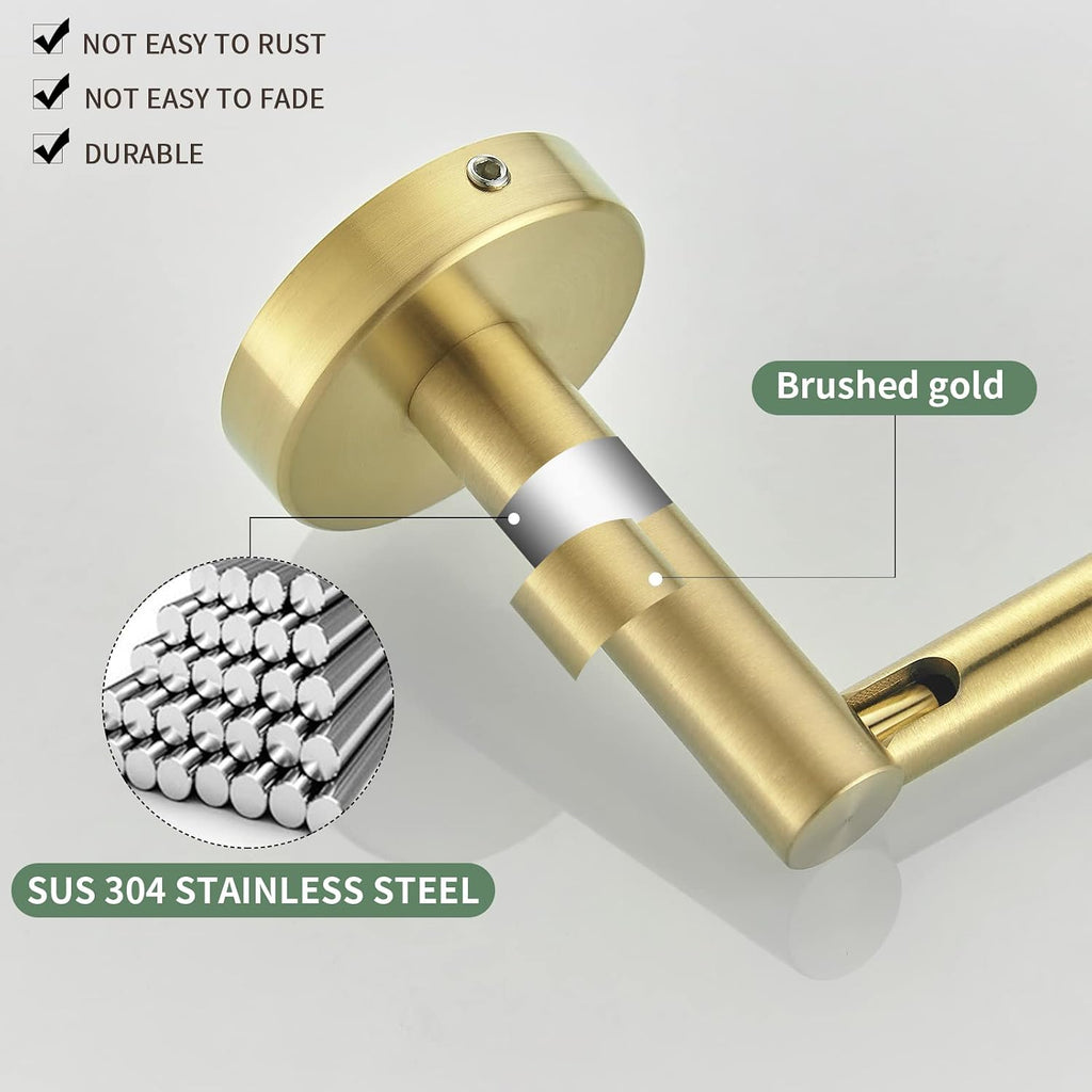 Gold Bathroom Hardware Set, Brushed Gold Toilet Paper Holder Towel Ring 2 Robe Hooks Wall Mount Hand Towel Holder