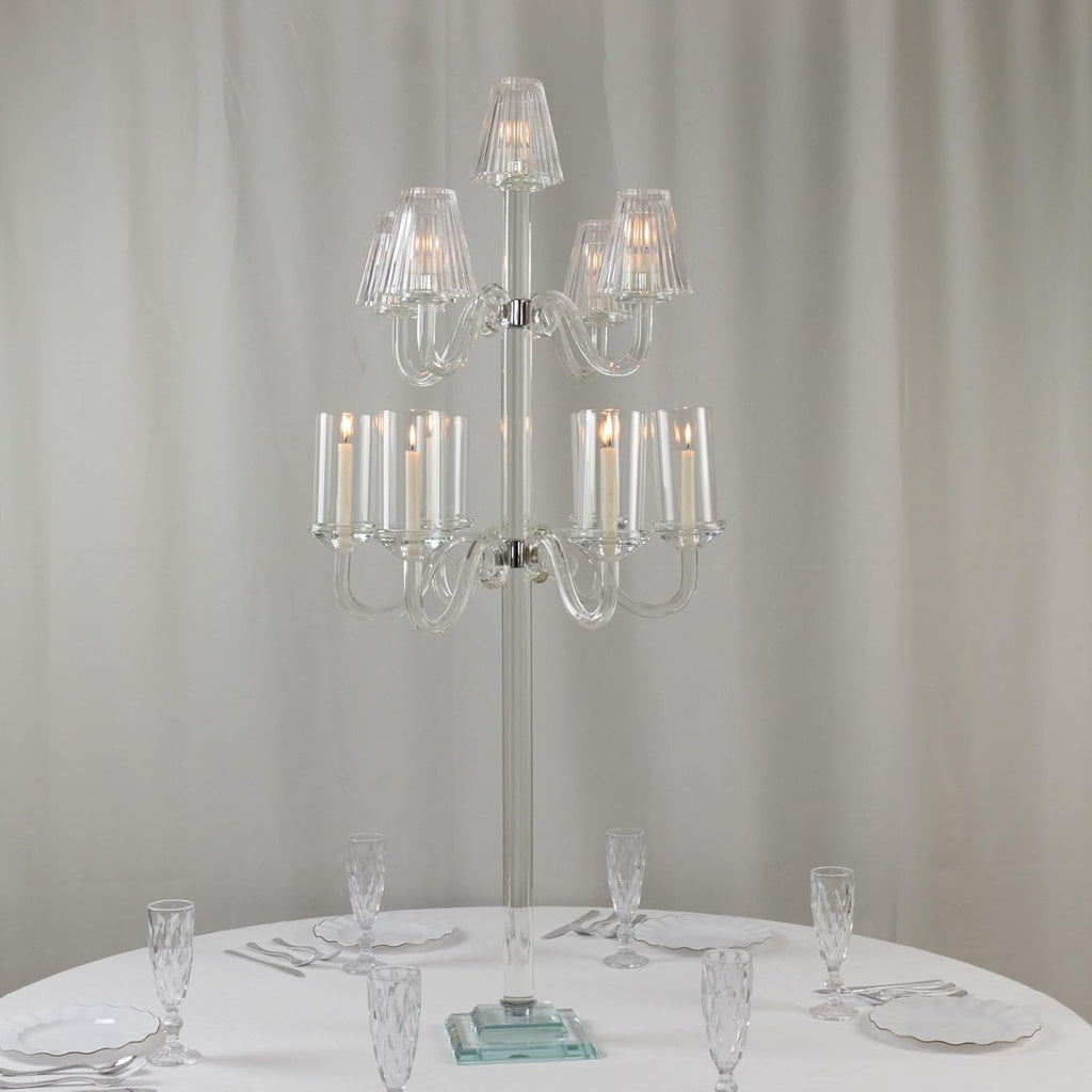 Crystal Glass Floor Candelabra - 11-Arm Candle Holder for Taper & Tealight Candles, Classic Ribbed Empire