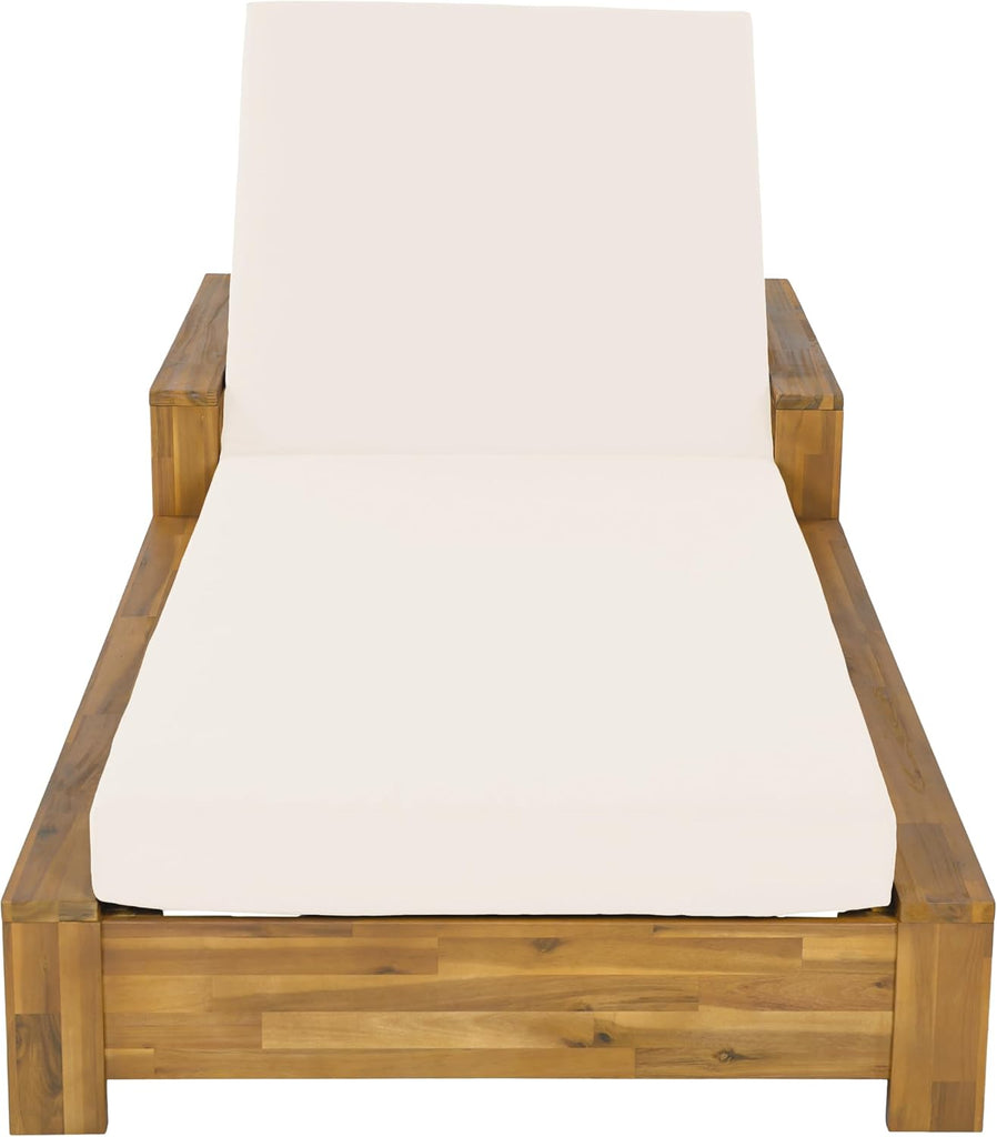 Acacia Wood Outdoor Chaise Lounge Chair Patio Recliner with Cushion, Cream | 1 PCS Chaise Lounge Frame with Armrests