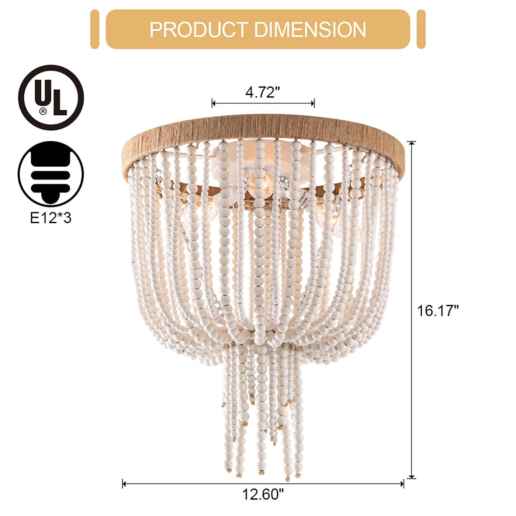 Wood Beaded Flush Mount Ceiling Light Bohemia Antique Rustic 3 Lights Mini Farmhouse Chandelier Kitchen Island Dining