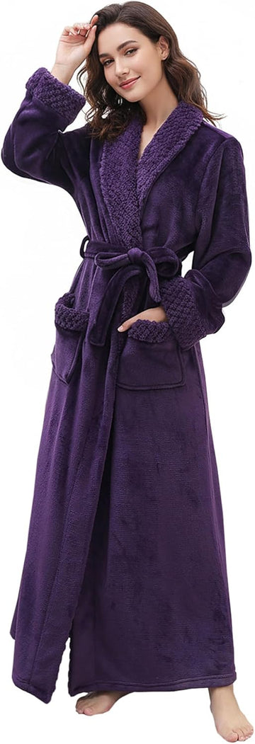 Womens Long Fleece Robe: Plush Flannel Warm Bathrobes | Winter Soft Shawl Collar Bath Robe with Adjustable Waist Belt